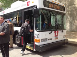The Utah State University wirelessly charged electric bus is used on a new 10-minute route that connects campus and a UTA Trax station. The Utah State University wirelessly charged electric bus is used on a new 10-minute route that connects campus and a UTA Trax station.