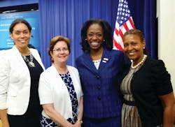 Greer Gillis, Transportation Area Manager for the Washington, DC office of Parsons Brinckerhoff, was honored by the Obama Administration as a Transportation Champion of Change during a recent ceremony at the White House. Greer is pictured with several colleagues from Parsons Brinckerhoff. From left: Aisha Anders, Cathy Connor, Gillis, Tracey Bessellieu