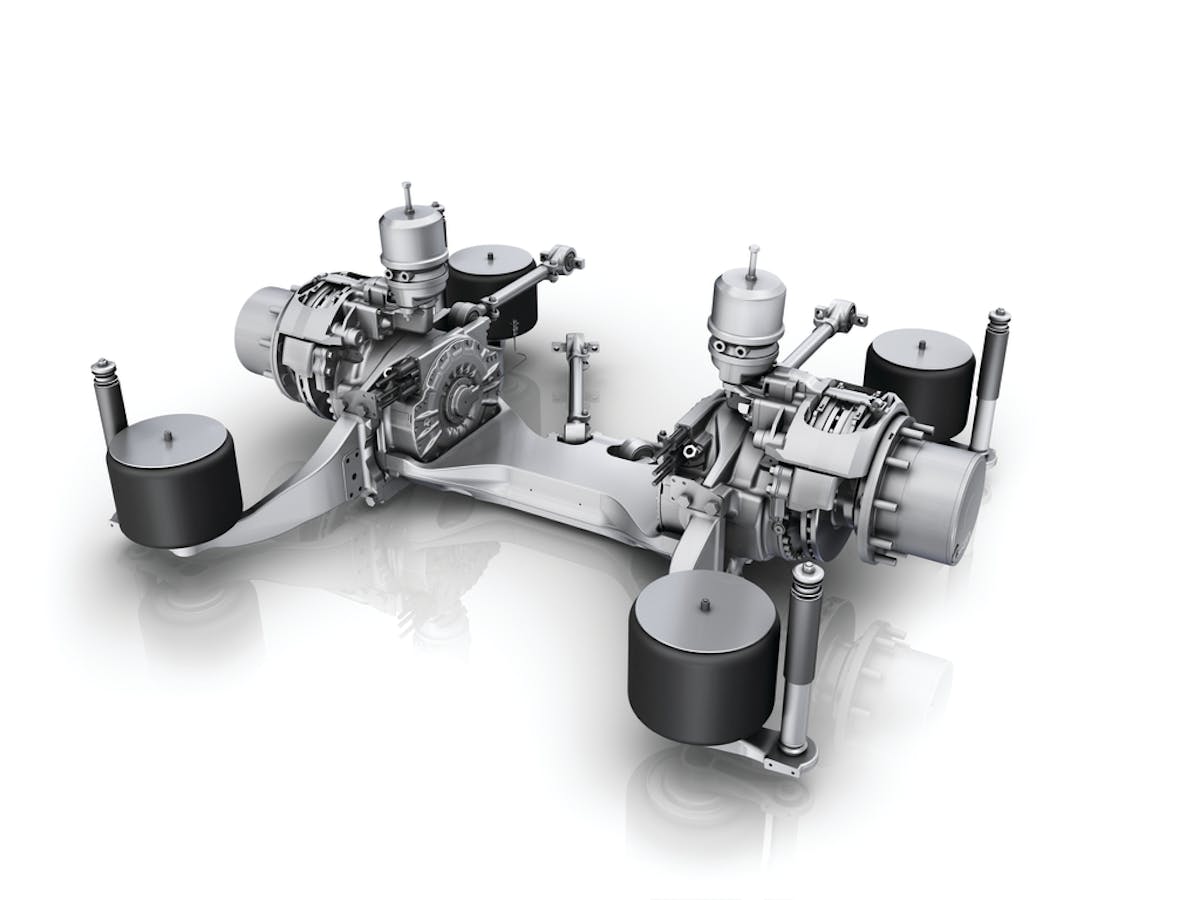 ZF&apos;s AVE 130 electric portal axle based on an electric independent wheel drive &mdash; for particularly economical and resource-saving city bus operation.