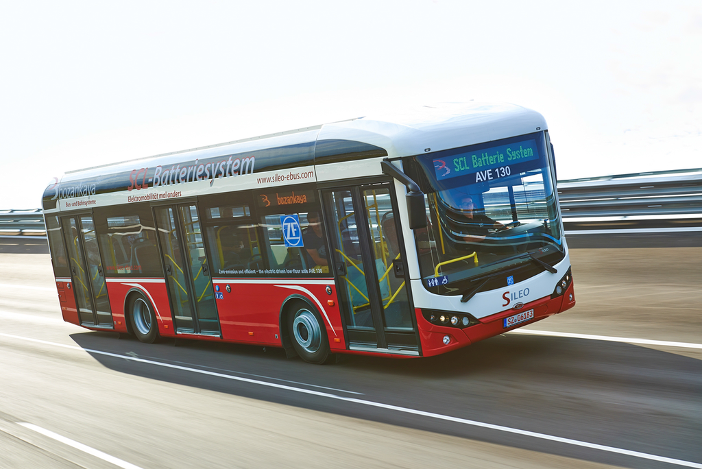 Electrically driven low-floor bus with ZF's AVE 130 low floor axle at the Bus Section during ZF's Trade Press Conference 2014, Aldenhoven, Germany.