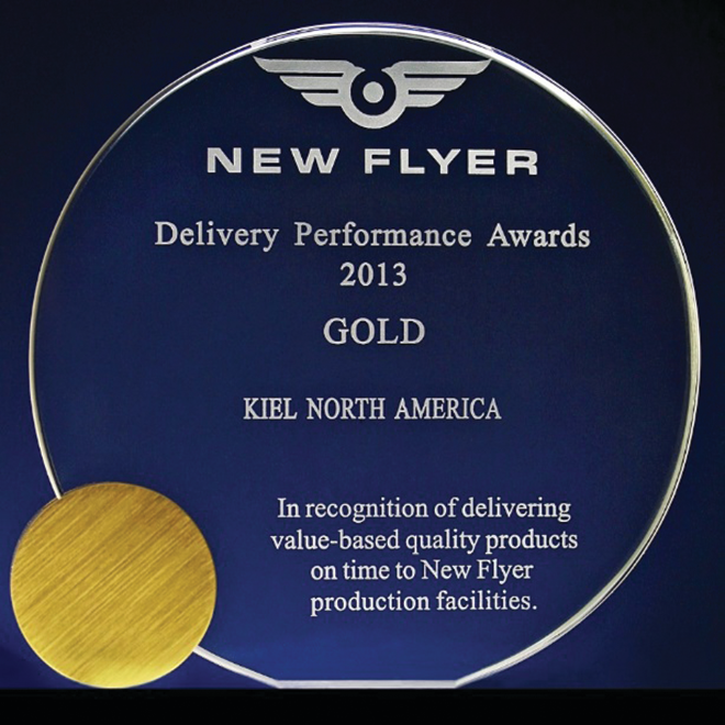 2013 Gold level delivery recognition awarded to Kiel North America by New Flyer