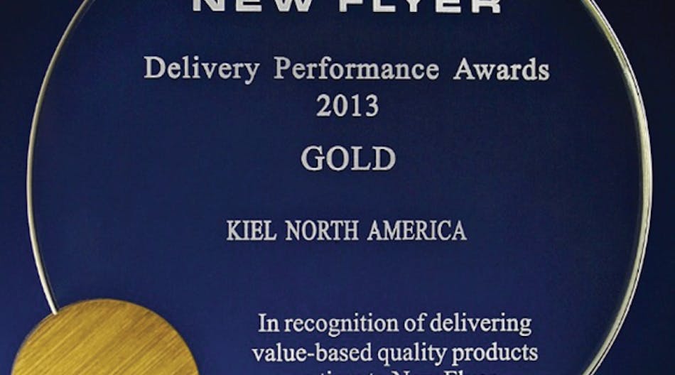 2013 Gold level delivery recognition awarded to Kiel North America by New Flyer