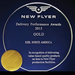 2013 Gold level delivery recognition awarded to Kiel North America by New Flyer 2013 Gold level delivery recognition awarded to Kiel North America by New Flyer