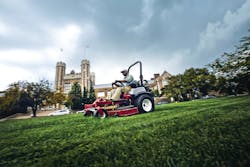 TOP Care Lawn Service operates a low-emission, propane-powered Exmark ZTR lawn mower on the grounds of Washington University in St. Louis. Propane-powered mowers emit 20 percent fewer GHGs than gasoline models. TOP Care Lawn Service operates a low-emission, propane-powered Exmark ZTR lawn mower on the grounds of Washington University in St. Louis. Propane-powered mowers emit 20 percent fewer GHGs than gasoline models.