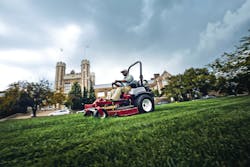 TOP Care Lawn Service operates a low-emission, propane-powered Exmark ZTR lawn mower on the grounds of Washington University in St. Louis. Propane-powered mowers emit 20 percent fewer GHGs than gasoline models.