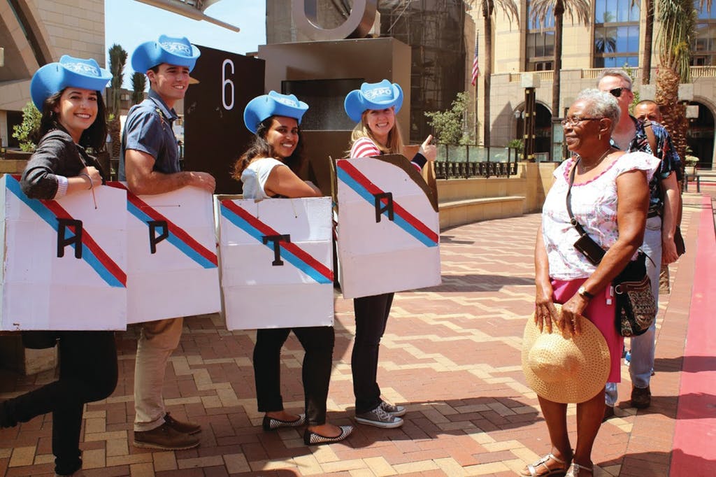 Job to Move America campaign interns performing street theater at Los Angeles Union Station in June 2014, to enter a social media contest sponsored by the American Public Transportation Association.