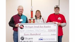 Gladwin City/County Transit won first place in the team competition at the Michigan Small Bus Roadeo, with drivers Harold Smith, Jon Greer and Deanna Hughes. Gladwin City/County Transit won first place in the team competition at the Michigan Small Bus Roadeo, with drivers Harold Smith, Jon Greer and Deanna Hughes.