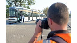 An Artic articulated tram by Finland’s Transtech Oy is driven in place during setup for InnoTrans 2014 at Messe Berlin in Berlin, Germany. An Artic articulated tram by Finland’s Transtech Oy is driven in place during setup for InnoTrans 2014 at Messe Berlin in Berlin, Germany.