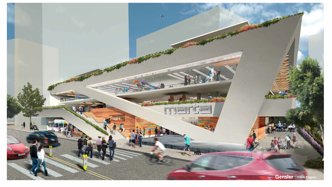 An artist rendering of Midtown station shows a multi-level air rights development with an inside food market conveniently located for MARTA customers and neighborhood residents.
