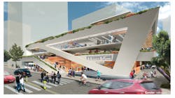 An artist rendering of Midtown station shows a multi-level air rights development with an inside food market conveniently located for MARTA customers and neighborhood residents.