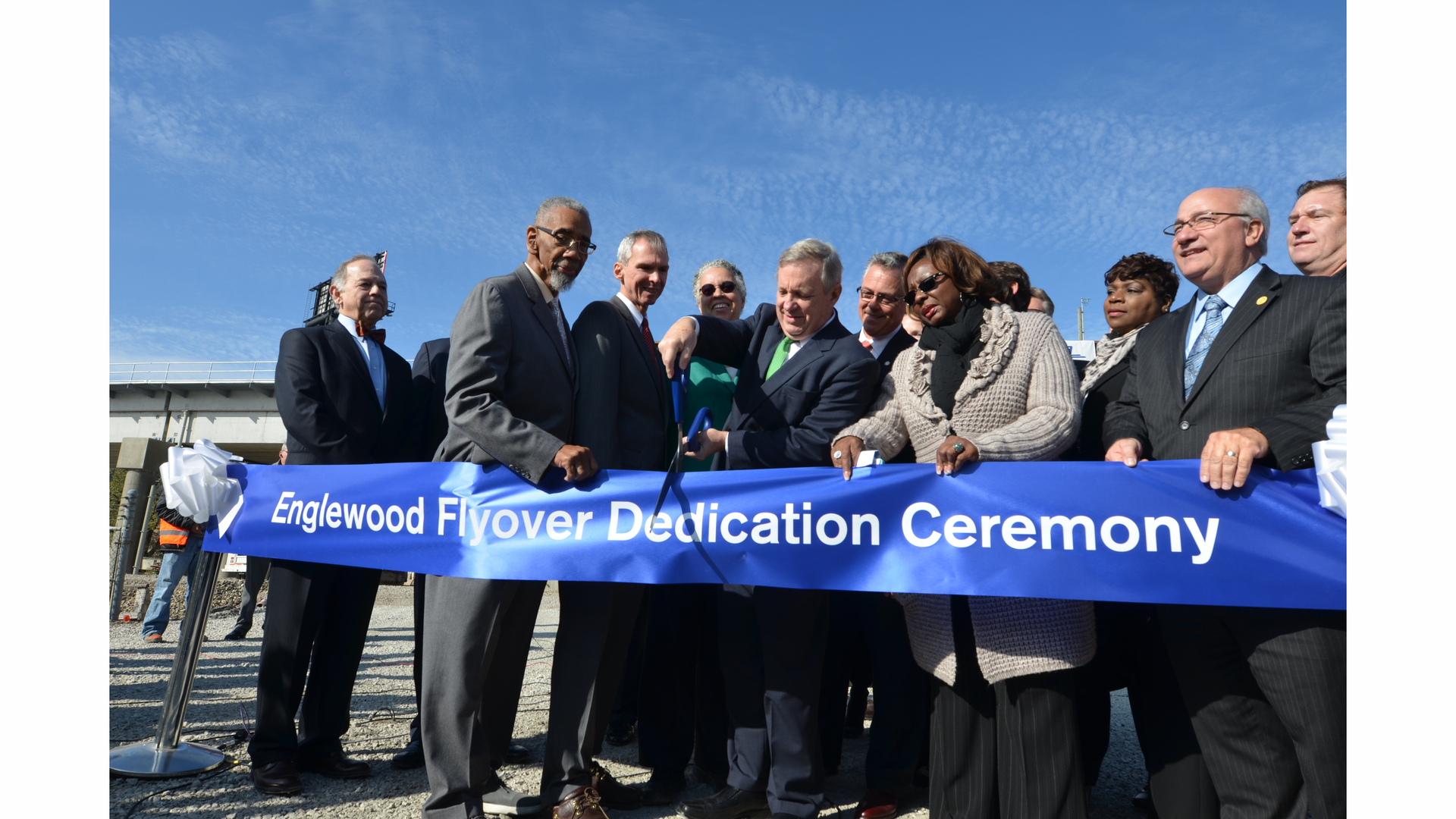 From left to right,Martin J. Oberman, chairman, Metra board of directors; Congressman Bobby Rush, Congress Dan Lipinski; Cook County Board President Toni Preckwinkle; Congressman Richard Durbin; Joe Czabo, administrator Federal Railroad Administration.