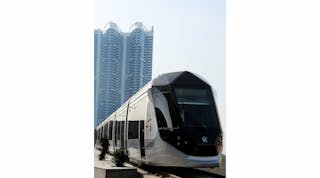 The Dubai Tramway is the first tram in the world able to run in temperatures of up to 50 &deg;C and to withstand harsh climate conditions such as humidity and sandy atmosphere.