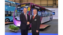 Nigel Eggleton, left, managing director of First Midlands, at the official handover of the new Wrightbus StreetLite Max featuring a Daimler Euro 6 engine with Ian Downie, sales and customcare managing director for Wrightbus.