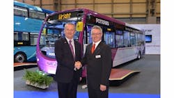 Nigel Eggleton, left, managing director of First Midlands, at the official handover of the new Wrightbus StreetLite Max featuring a Daimler Euro 6 engine with Ian Downie, sales and customcare managing director for Wrightbus. Nigel Eggleton, left, managing director of First Midlands, at the official handover of the new Wrightbus StreetLite Max featuring a Daimler Euro 6 engine with Ian Downie, sales and customcare managing director for Wrightbus.