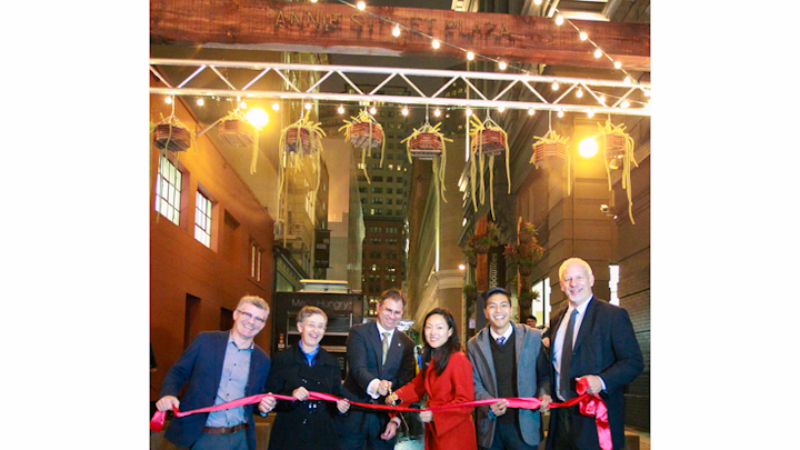 San Francisco leaders cut the ribbon on the recently completed pedestrian plaza in the Yerba Buena Neighborhood.