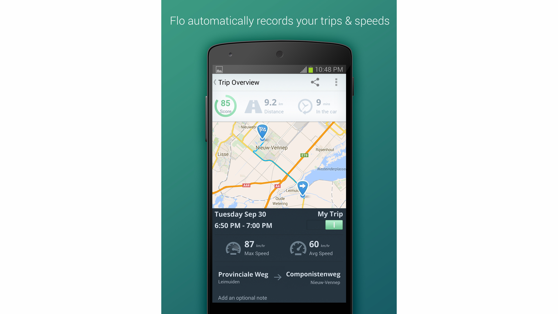 Flo automatically records all trips, based on GPS data and the device's motion sensors.