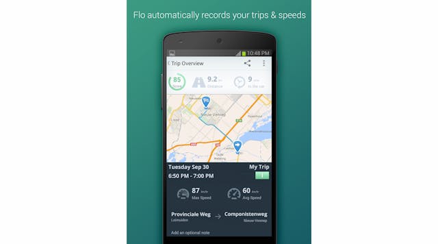 Flo automatically records all trips, based on GPS data and the device&apos;s motion sensors.