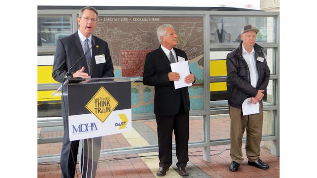 DART President and Executive Director Gary Thomas, Metro Dallas Homeless Alliance President and CEO Mike Faenza, and DART customer and advocate for the homeless Ricky Redd announce the campaign on Nov. 21 at Union Station.