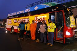 The stuff-the-bus style food drive is mobile, each day moving to a different grocery store for three hours.