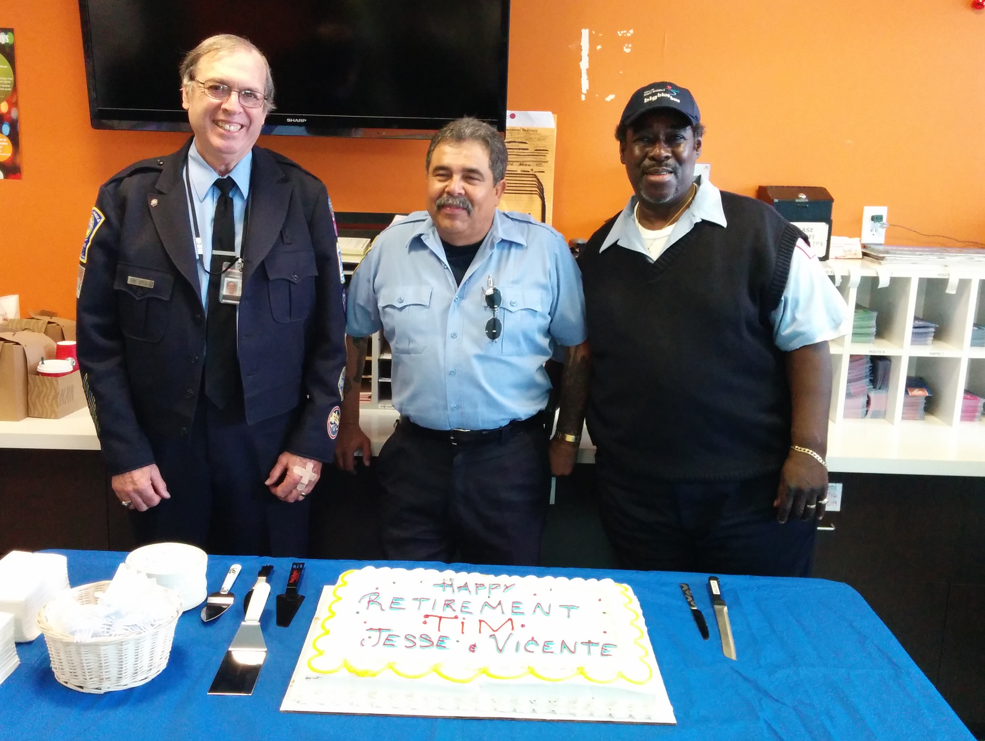Big Blue Bus thanks retiring motor coach operators Tim Giroux, left, Vicente Murillo, center, and Jesse Webb, right, for 111 years of service to the city of Santa Monica.