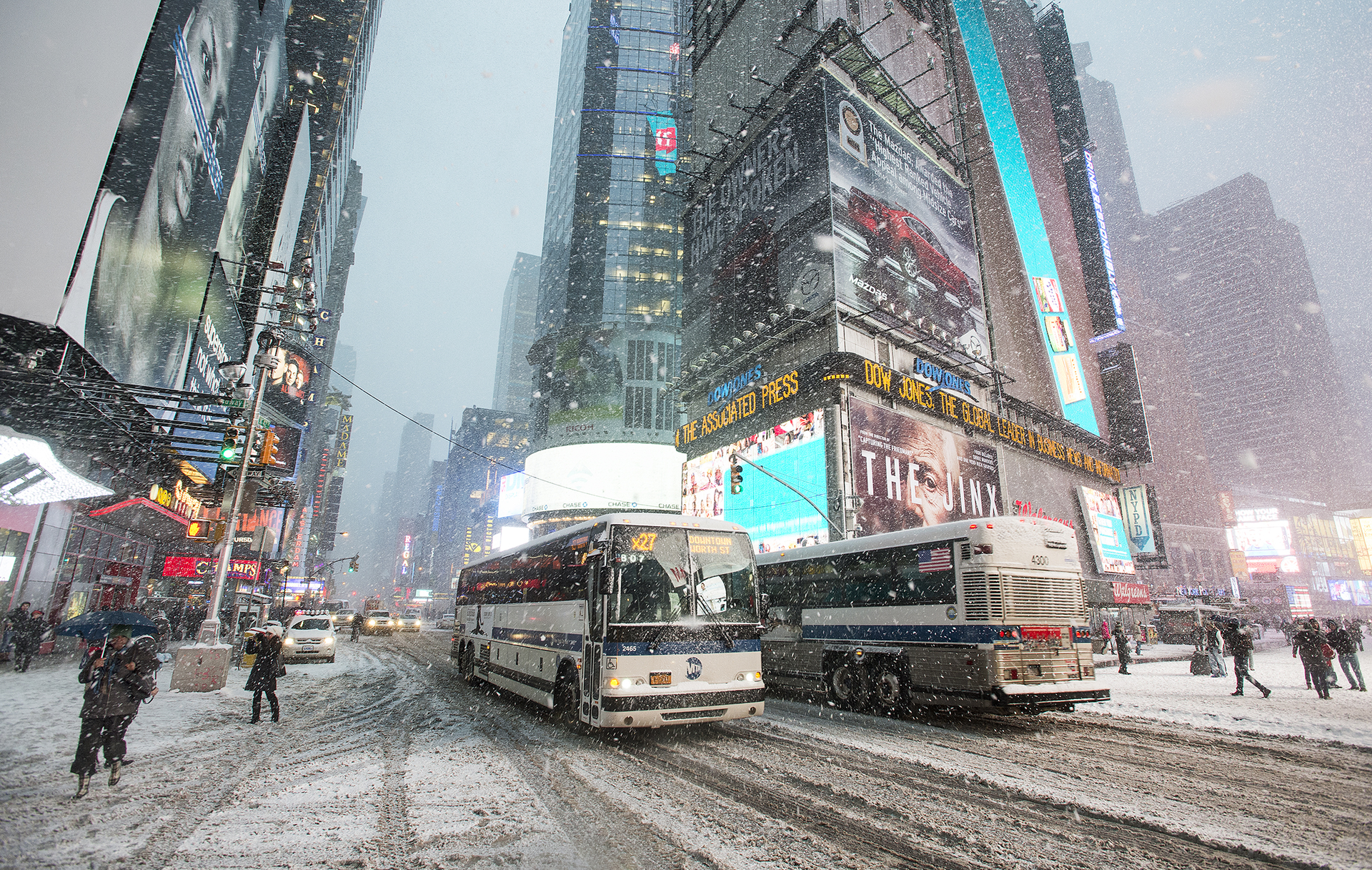 The MTA's bus fleet navigated the streets of Manhattan in the early stages of Storm Juno on January 26, 2015.