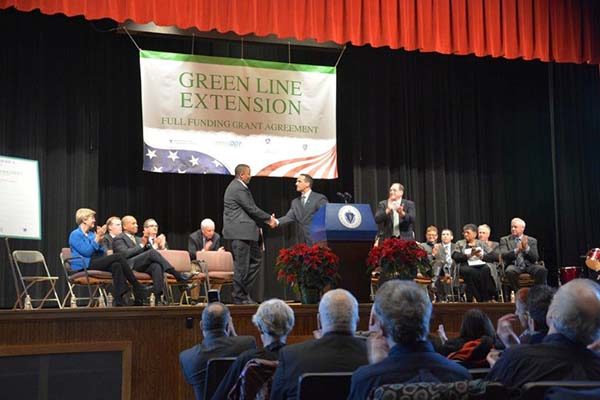 Governor Deval Patrick was joined by U.S. Transportation Secretary Anthony Foxx today as he announced a $996 million federal grant agreement to extend the MBTA Green Line light rail service from East Cambridge to Somerville and Medford.