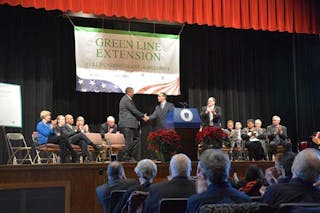 Governor Deval Patrick was joined by U.S. Transportation Secretary Anthony Foxx today as he announced a $996 million federal grant agreement to extend the MBTA Green Line light rail service from East Cambridge to Somerville and Medford.