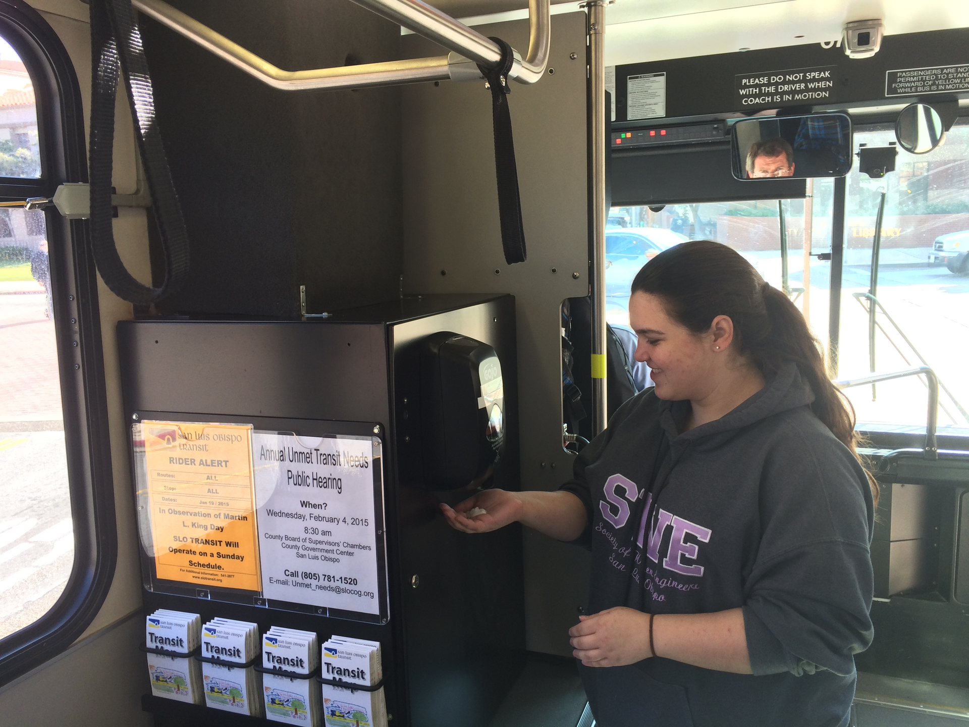 SLO Transit has expanded its trial of hand sanitizer dispensers on buses to now have units in its entire fleet.