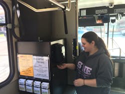 SLO Transit has expanded its trial of hand sanitizer dispensers on buses to now have units in its entire fleet. SLO Transit has expanded its trial of hand sanitizer dispensers on buses to now have units in its entire fleet.