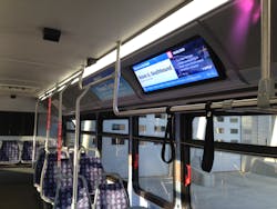 A digital signage pilot project in Grand Rapids, Michigan, put the devices on a bus route to inform riders about event information and real-time stop information. A digital signage pilot project in Grand Rapids, Michigan, put the devices on a bus route to inform riders about event information and real-time stop information.