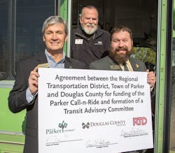 From left, Douglas County Commissioner Roger Partridge, RTD Board Director Gary Lasater and Parker Mayor Mike Waid. From left, Douglas County Commissioner Roger Partridge, RTD Board Director Gary Lasater and Parker Mayor Mike Waid.