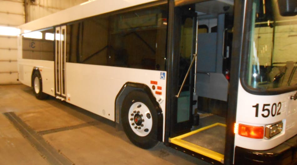 One of the two new Gillig buses purchased by Capital Area Transit awaits installation of a farebox, RouteMatch hardware and an external advertising wrap.