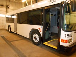 One of the two new Gillig buses purchased by Capital Area Transit awaits installation of a farebox, RouteMatch hardware and an external advertising wrap.