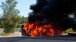 Fire in a gas bus conducted as part of a reconstruction for the Swedish Accident Investigation Board. Fire in a gas bus conducted as part of a reconstruction for the Swedish Accident Investigation Board.