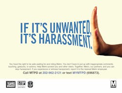 The ads feature hands representing different races and genders to illustrate that harassment is not exclusive to any one group or sex.