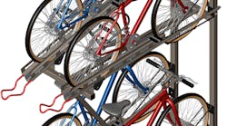 The Quad Hi-Density Bike Rack allows up to four bicycles to be locked into a single module for secure storage at transit stations. The Quad Hi-Density Bike Rack allows up to four bicycles to be locked into a single module for secure storage at transit stations.