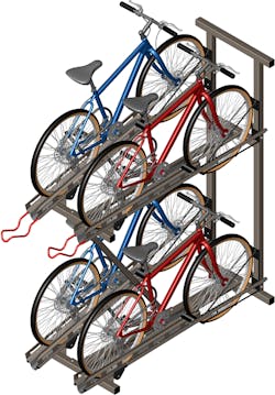 The Quad Hi-Density Bike Rack allows up to four bicycles to be locked into a single module for secure storage at transit stations.