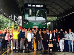 Group photo of guests and BYD&rsquo;s pure electric bus.