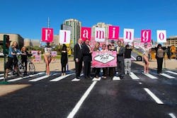 Officials, pedestrians and the showgirls from Jubilee at Bally&apos;s Las Vegas celebrate the groundbreaking of the Flamingo Corridor Improvements project.