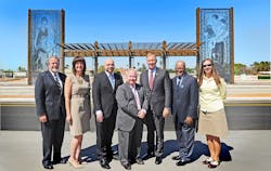 Local and federal elected officials pose in front of the Mesa Dr./Main St. station, with Mesa Vice Mayor and Valley Metro Rail Board Chair Dennis Kavanaugh holding the Central Mesa Light Rail commemorative pin, fourth in the series. Local and federal elected officials pose in front of the Mesa Dr./Main St. station, with Mesa Vice Mayor and Valley Metro Rail Board Chair Dennis Kavanaugh holding the Central Mesa Light Rail commemorative pin, fourth in the series.
