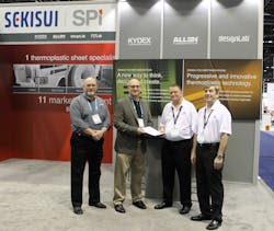 From left to right, From Sekisui SPI: Mike Karr, vice president of operations; Ronn Cort COO & president; From Milacron, Bill Boggess, senior sales engineer, extrusion; Tim Goertemiller, extrusion general sales manager. From left to right, From Sekisui SPI: Mike Karr, vice president of operations; Ronn Cort COO & president; From Milacron, Bill Boggess, senior sales engineer, extrusion; Tim Goertemiller, extrusion general sales manager.