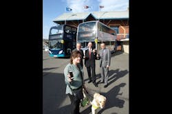 Pictured with regular bus user and advisor to the Next Stop Announcement app project, Claire Randall; CPT Chairman Ian Morgan; Paul Matthews, managing director of First West Yorkshire; and Nigel Featham, regional managing director, Arriva. Pictured with regular bus user and advisor to the Next Stop Announcement app project, Claire Randall; CPT Chairman Ian Morgan; Paul Matthews, managing director of First West Yorkshire; and Nigel Featham, regional managing director, Arriva.