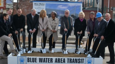 From left to right, Dave McElroy, BWAT accountant; Don Brown, representing U.S. representative Candice Miller; Darren Murray, DeMaria vice president, commercial and industrial groups; Ray Straffon, former Blue Water Area Transportation Commission Board chair; Pauline Repp, City of Port Huron mayor; Anita Ashford, Blue Water Area Transportation Commission Board vice chair and Port Huron City Council member; Jim Wilson, BWAT general manager; Linda Bruckner, Blue Water Area Transportation Commission Board vice chair and Fort Gratiot Township trustee; Laura Mester, Michigan Department of Transportation chief administrative officer; Dave Frasier, BWAT director of procurement; Steve English, AECOM project manager.