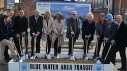 From left to right, Dave McElroy, BWAT accountant; Don Brown, representing U.S. representative Candice Miller; Darren Murray, DeMaria vice president, commercial and industrial groups; Ray Straffon, former Blue Water Area Transportation Commission Board chair; Pauline Repp, City of Port Huron mayor; Anita Ashford, Blue Water Area Transportation Commission Board vice chair and Port Huron City Council member; Jim Wilson, BWAT general manager; Linda Bruckner, Blue Water Area Transportation Commission Board vice chair and Fort Gratiot Township trustee; Laura Mester, Michigan Department of Transportation chief administrative officer; Dave Frasier, BWAT director of procurement; Steve English, AECOM project manager.