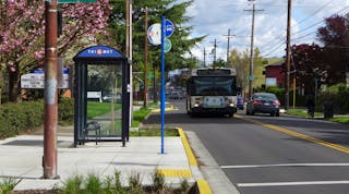 TriMet worked closely with the City of Portland on the Division Streetscape project. Among the improvements benefiting our riders are curb extensions for bus landings and marked crosswalks like those at this stop on SE Division at 17th Ave.