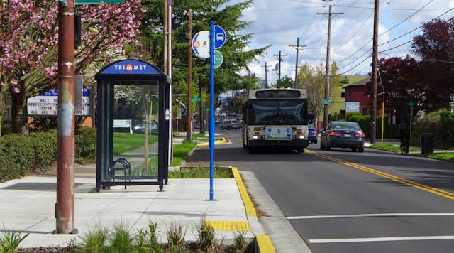 TriMet worked closely with the City of Portland on the Division Streetscape project. Among the improvements benefiting our riders are curb extensions for bus landings and marked crosswalks like those at this stop on SE Division at 17th Ave.