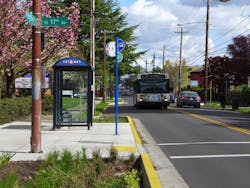 TriMet worked closely with the City of Portland on the Division Streetscape project. Among the improvements benefiting our riders are curb extensions for bus landings and marked crosswalks like those at this stop on SE Division at 17th Ave. TriMet worked closely with the City of Portland on the Division Streetscape project. Among the improvements benefiting our riders are curb extensions for bus landings and marked crosswalks like those at this stop on SE Division at 17th Ave.