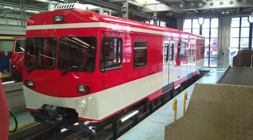 Stadler Rail&apos;s modernized BDk1 (trolley-driving car, built in 1990) of the Matterhorn Gotthard Bahn (MGB).