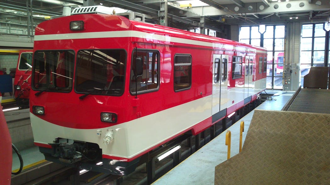 Stadler Rail&apos;s modernized BDk1 (trolley-driving car, built in 1990) of the Matterhorn Gotthard Bahn (MGB).
