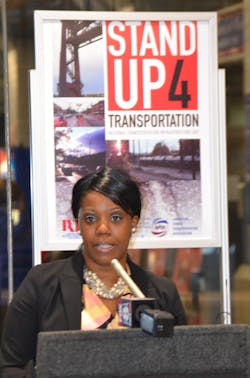 APTA Vice Chair and GCRTA Board member Valarie J. McCall was the emcee for an April 9 program that drew lots of media attention. Elected officials and community leaders were invited to GCRTA's main rail station at Tower City. They saw a photo display of projects that had been completed with federal funds, heard several speeches, and toured a section of track that will be upgraded when more federal funds become available. APTA Vice Chair and GCRTA Board member Valarie J. McCall was the emcee for an April 9 program that drew lots of media attention. Elected officials and community leaders were invited to GCRTA's main rail station at Tower City. They saw a photo display of projects that had been completed with federal funds, heard several speeches, and toured a section of track that will be upgraded when more federal funds become available.